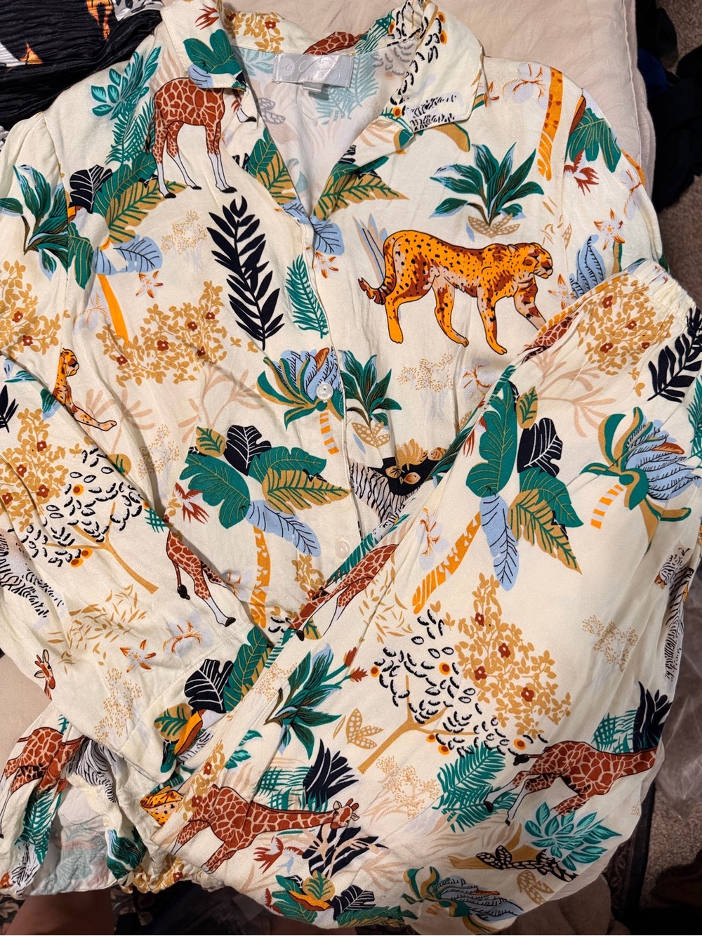 Adelyn DelaRosa Printed Safari Top in Cream with Green & Blue Accents